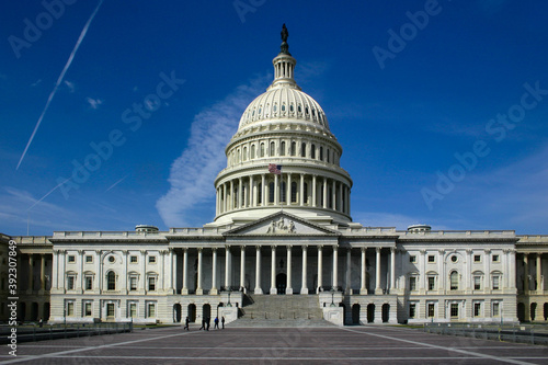Capitol Hill in Washington DC with dome and colonnade with daylight and facade details © onemoreimage