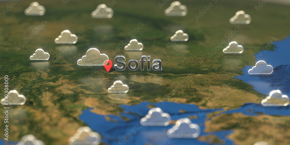 Cloudy weather icons near Sofia city on the map, weather forecast related 3D rendering Cloudy weather icons near Sofia city on the map, weather forecast related 3D rendering