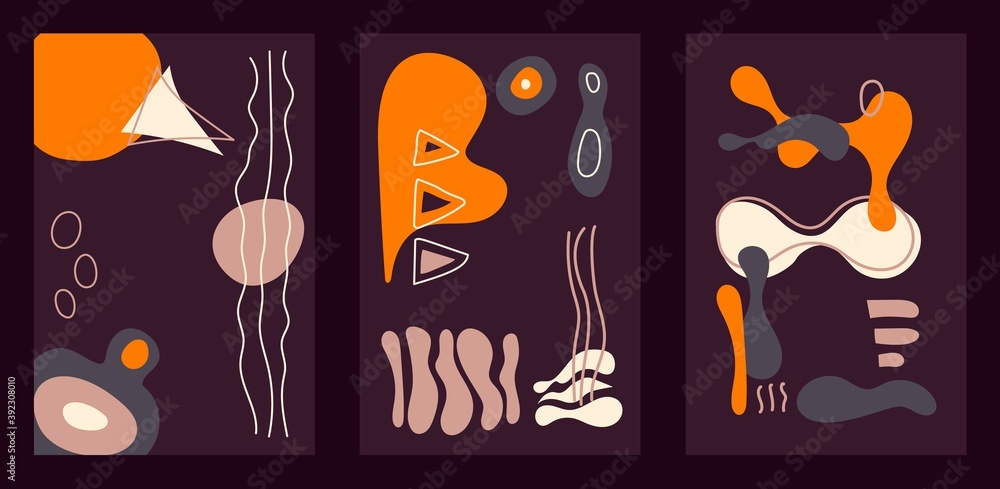 Abstract dark vertical cards with hand drawn elements in orange and purple