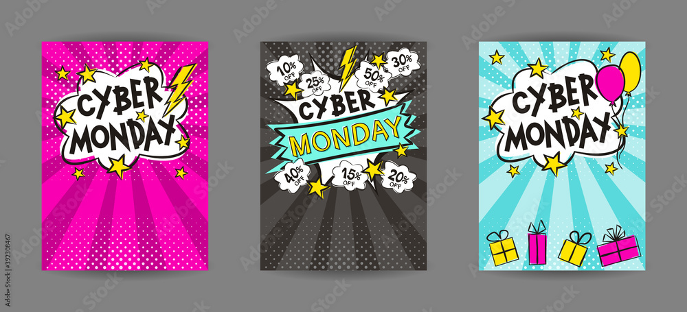 Bright pop art banners for cyber monday discounts or sales. Cartoon exploison and clouds. Template for web design, flyers, banners, coupons, applications and posters. Vector illustration