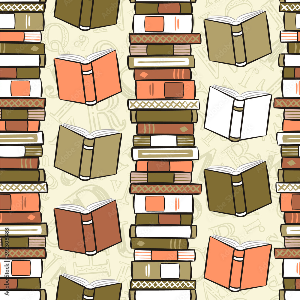 Seamless pattern of hand drawn open books and latin letters. Stack of books in the library. Background for notebooks, textbooks, school and education topics. Vector illustration