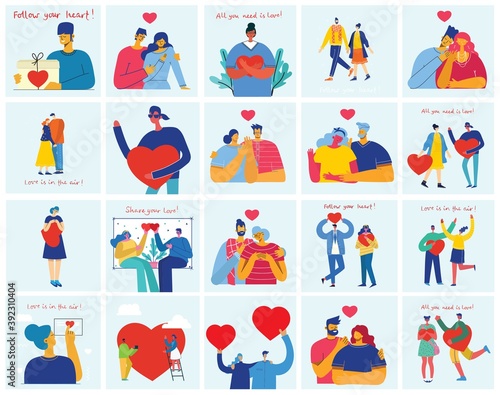 Vector Valentine illustration cards of happy couples in love