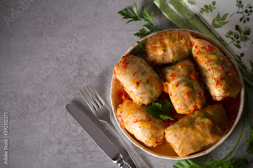 Cabbage rolls with meat, rice and vegetables. Chou farci, dolma, sarma, golubtsi or golabki. Flat lay, layout, overhead photo