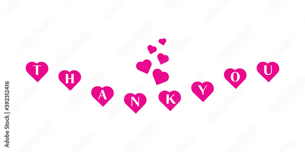 Thank You card Lettering for gift, White Text on Pink Heart. Flat Vector Illustration Design Template Element for Greeting Cards.