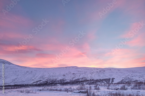 mountains covered with snow sunset beautiful pink blue sky landscape