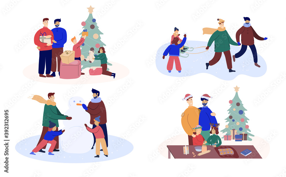 Happy homosexual male parents with kids make a snowman, open gifts, cook together.Lgbt couple with children enjoy wintertime. Happy gay family spend time with son and daughter . Flat vector illustrati