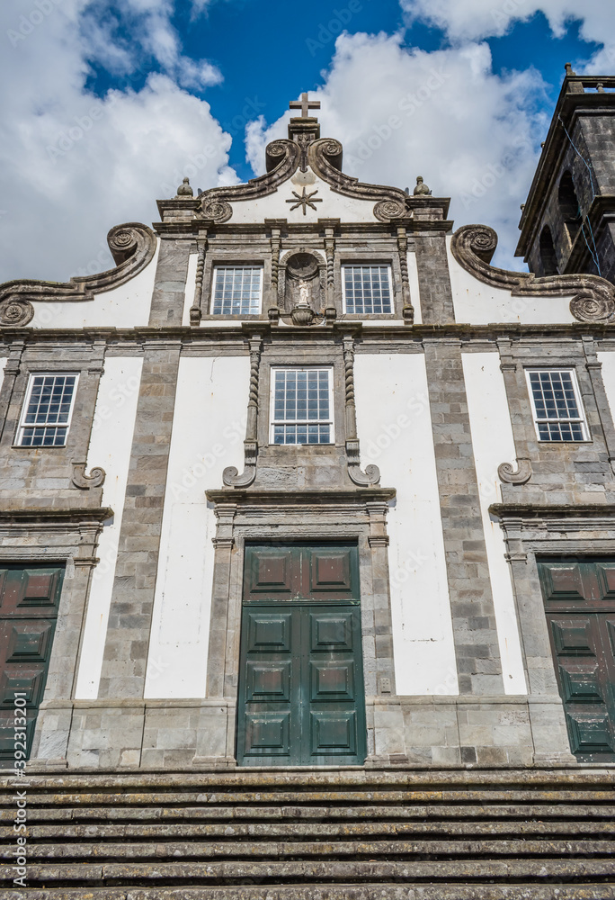 Facade with decoration and details of the church of Our lady of Estrela in Ribeira Grande, São Miguel - Azores PORTUGAL