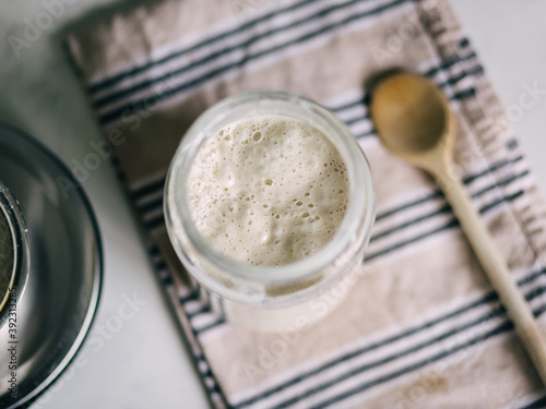 sourdough starter in a glass jar.