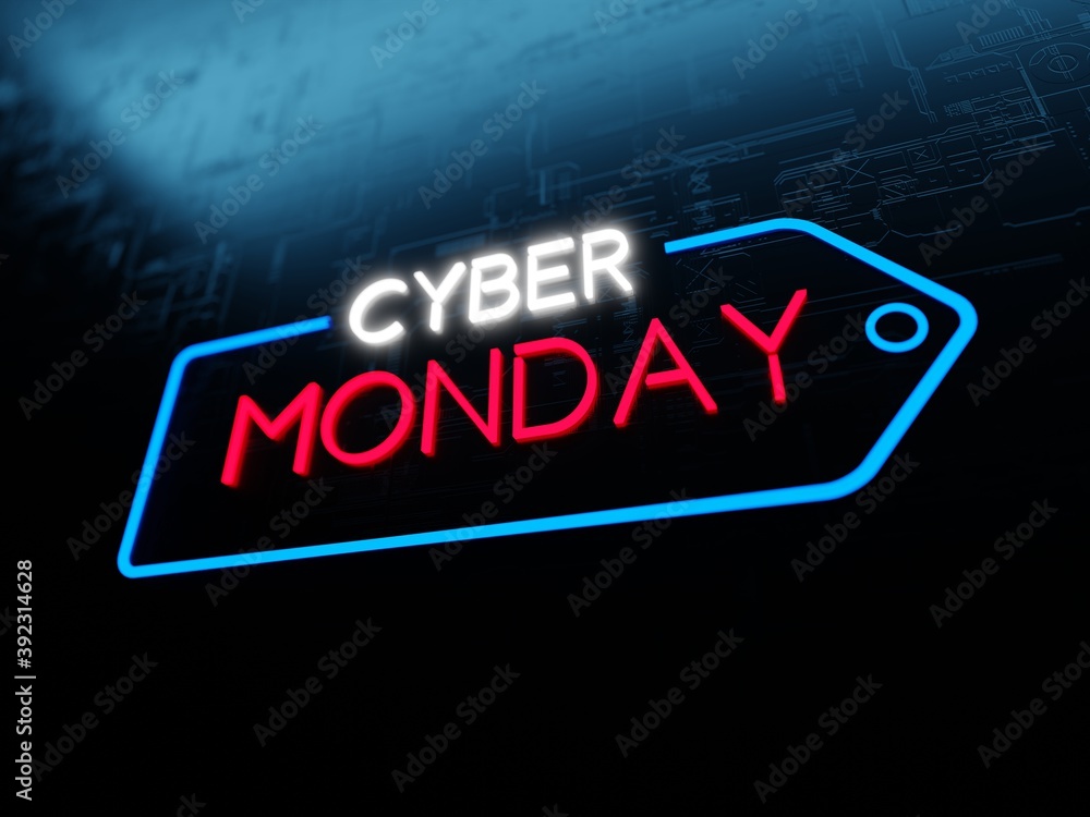 Cyber Monday arrow neon sign on futuristic concept dark blue background	
