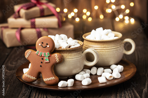 Christmas time composition with mug with hot chocolate and gingerbread cookies