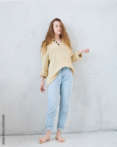 Full length young beautiful girl in vintage clothes