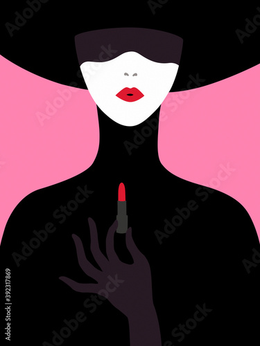 Elegant woman with a hat holding a red lipstick photo