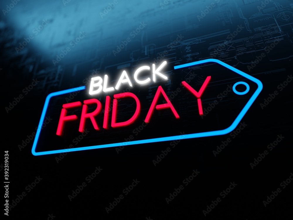 Black Friday arrow neon sign on futuristic concept dark blue background	