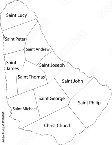 White vector map of Barbados with black borders and names of it's parishes