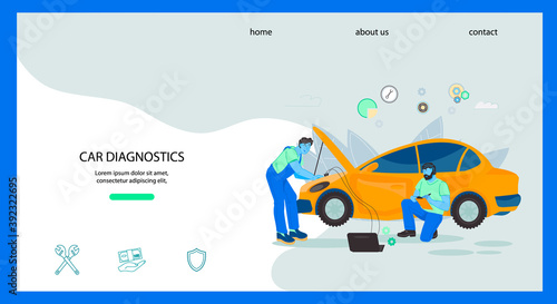 Car diagnostics website banner template with auto mechanics check parameters of car with diagnostic equipment. Car diagnostics in automotive repair services, flat vector illustration.