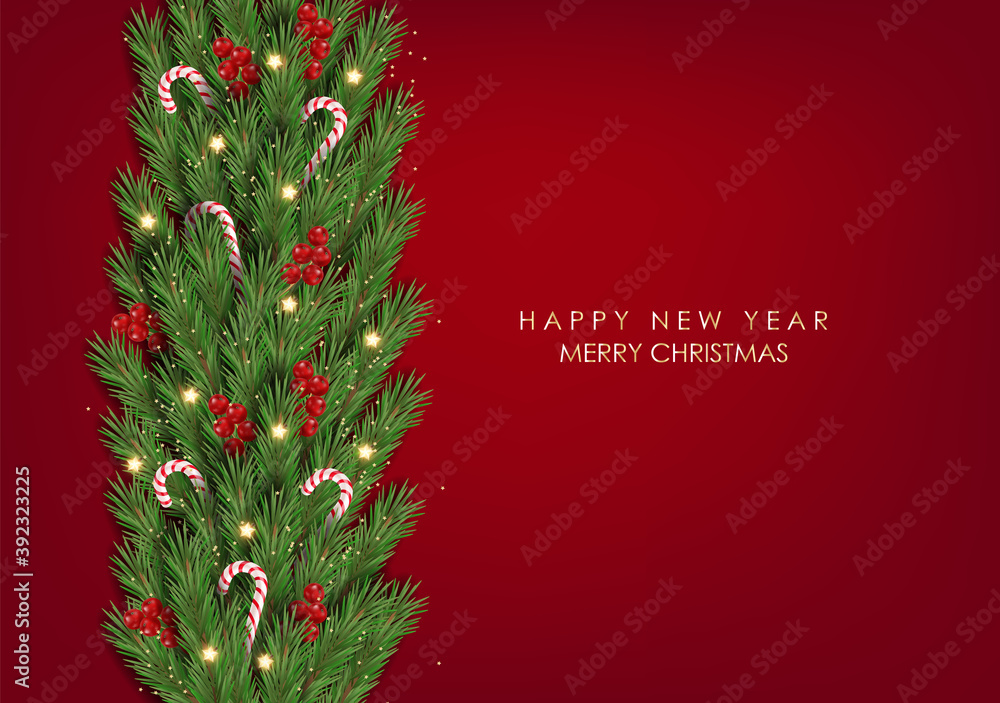 Christmas tree realistic, green fir branches, Merry Christmas, Happy New Year, vector illustration, Christmas red card, holiday banner
