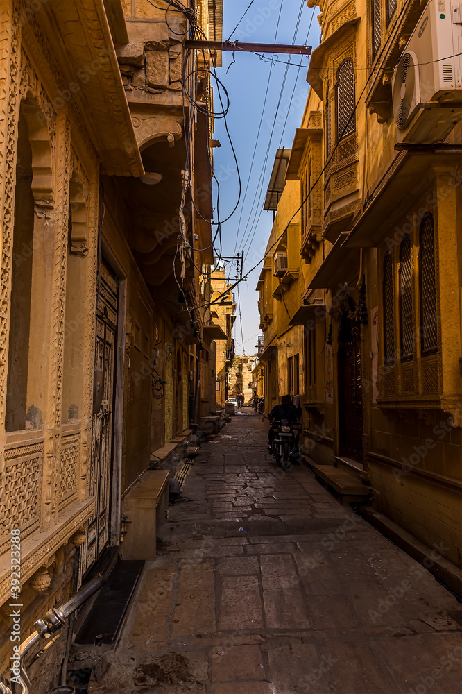 A view down a narrow street in Jaisalmer, Rajasthan, India