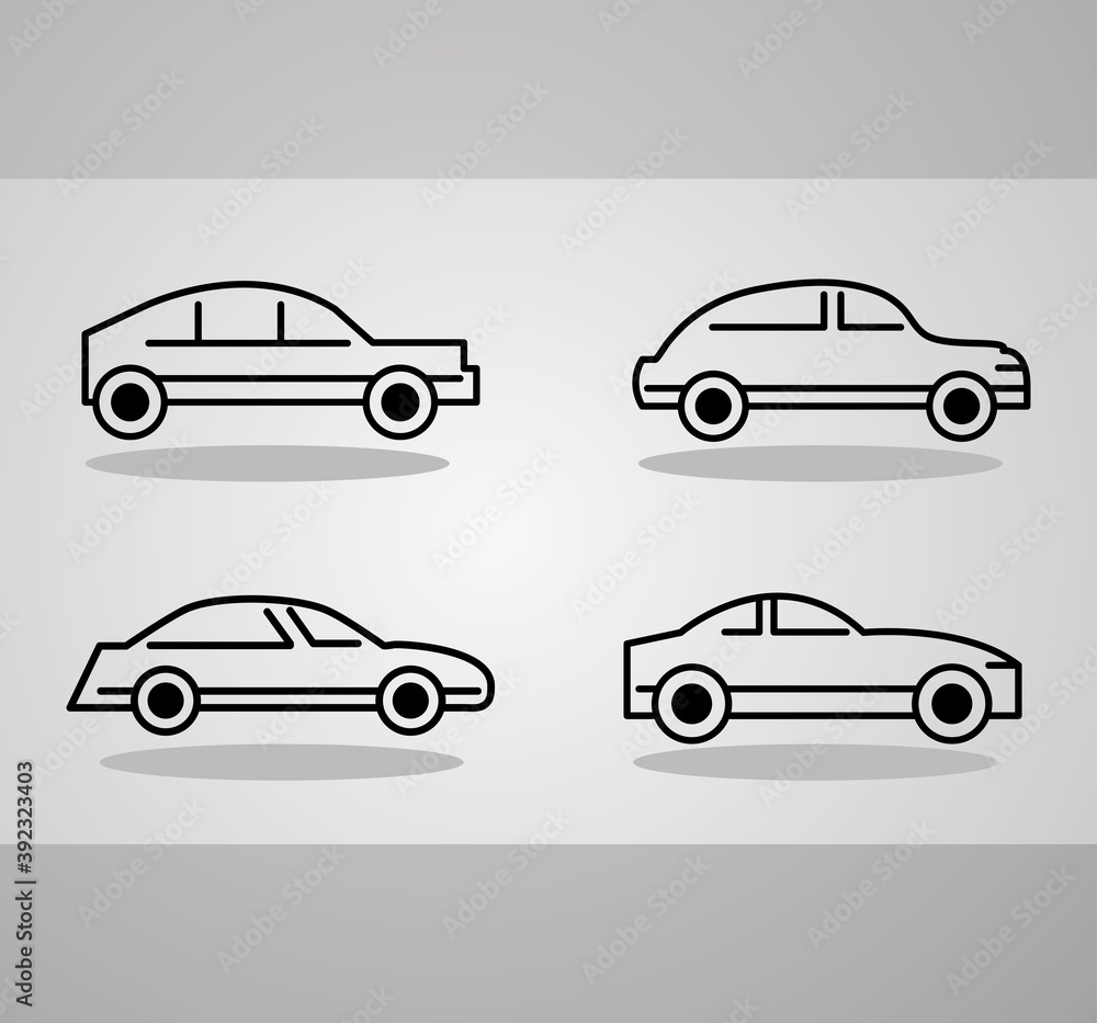 cars automobile transport, side view line icons on gray background