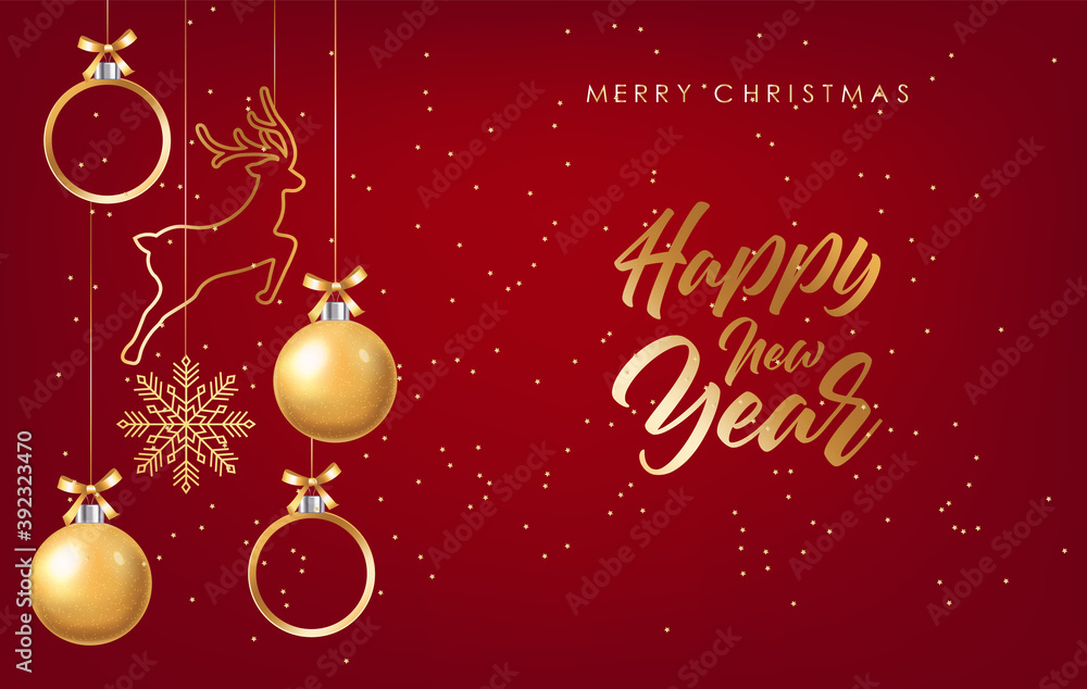 Happy New Year, Merry Christmas, hello winter, realistic Christmas ball, shop now, sale banner, gold ball isolated vector illustration Happy New Year, Merry Christmas, hello winter, realistic Christmas ball, shop now, sale banner, gold ball isolated vector illustration
