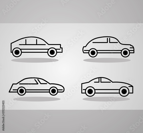 cars automobile transport  side view line icons on gray background