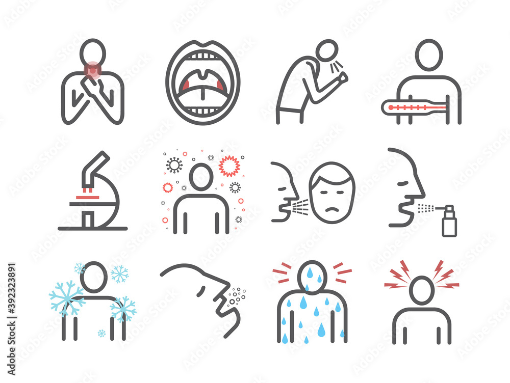 Tonsillitis. Symptoms, Treatment. Line icons set. Vector signs for web graphics. Tonsillitis. Symptoms, Treatment. Line icons set. Vector signs for web graphics.