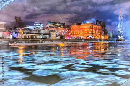 Moskva river embankment at night colorful painting © idea_studio