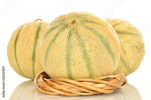  fragrant organic melons, close-up, on a white background.