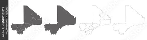 set of 4 political maps of Mali with regions isolated on white background