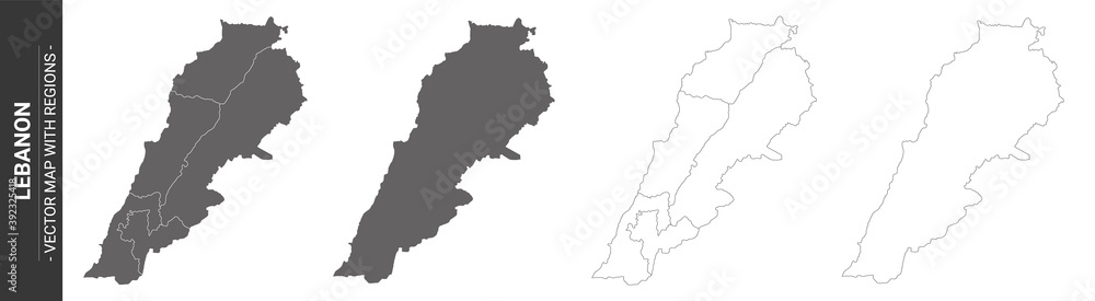 set of 4 political maps of Lebanon with regions isolated on white background