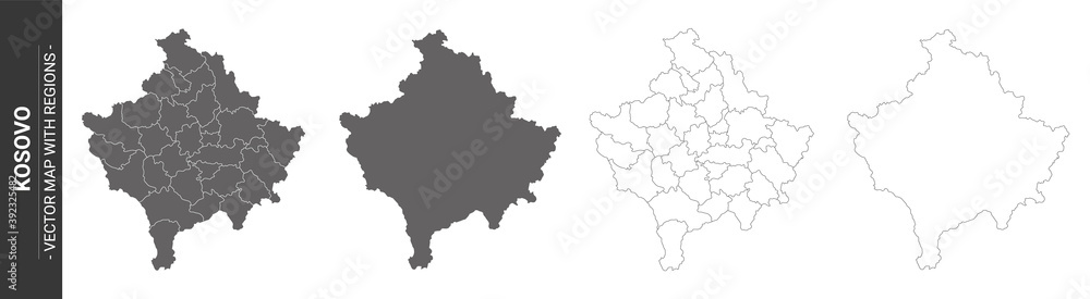 set of 4 political maps of Kosowo with regions isolated on white background