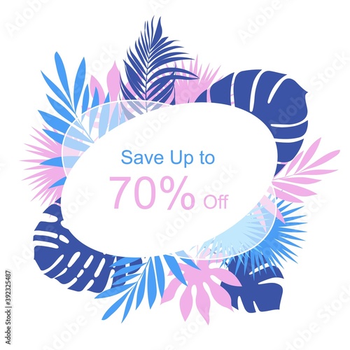 Commercial banner for advertising and selling tours to warm exotic countries, composition of tropical leaves in vector