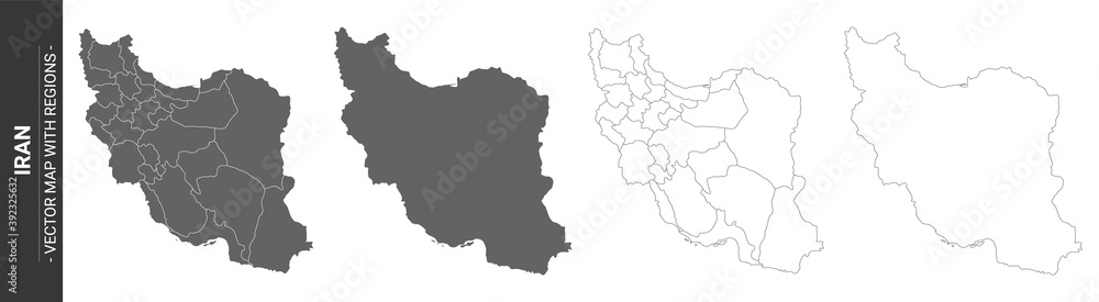 set of 4 political maps of Iran with regions isolated on white background