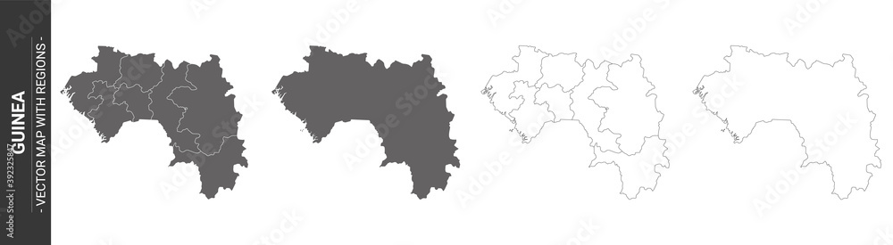 set of 4 political maps of Guinea with regions isolated on white background