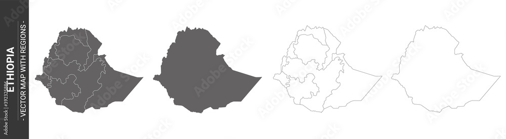 set of 4 political maps of Ethiopia with regions isolated on white background