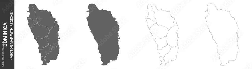 set of 4 political maps of Dominica with regions isolated on white background