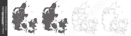 set of 4 political maps of Denmark with regions isolated on white background
