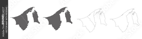 set of 4 political maps of Brunei with regions isolated on white background