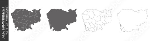 set of 4 political maps of Cambodia with regions isolated on white background