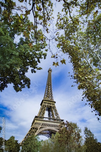 Looking up at the Eiffel Tower in Paris through the trees with a blue cloudy sky © Sherrod Photography