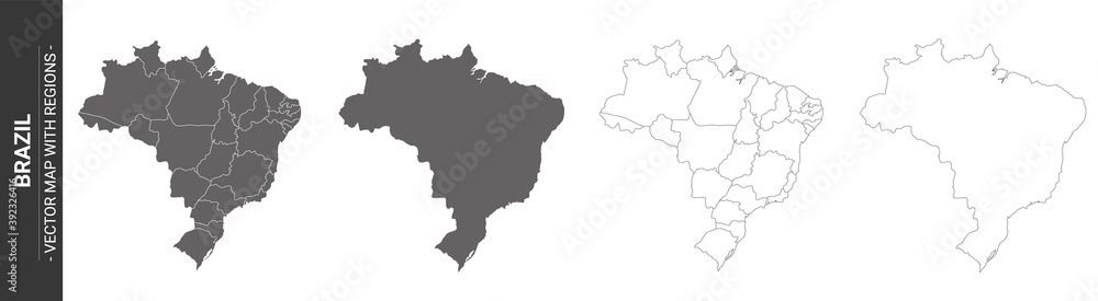 set of 4 political maps of Brazil with regions isolated on white background