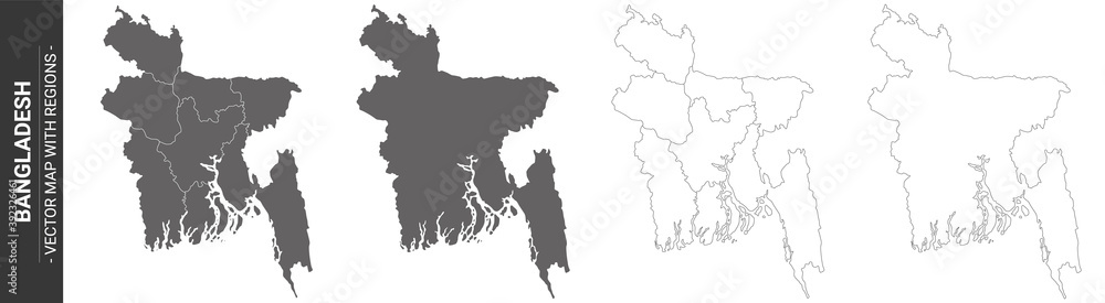 set of 4 political maps of Bangladesh with regions isolated on white background