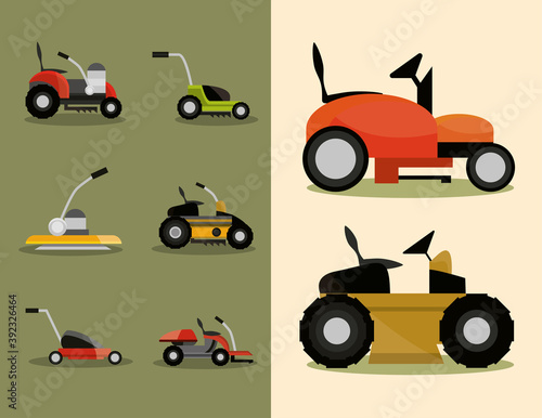 gardening lawn mower machinery icons set