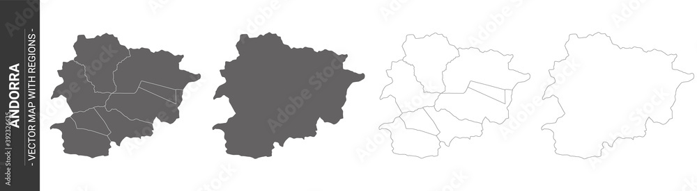 set of 4 political maps of Andorra with regions isolated on white background