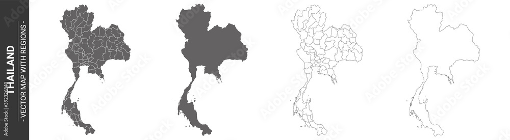 set of 4 political maps of Thailand with regions isolated on white background