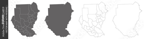 set of 4 political maps of Sudan with regions isolated on white background