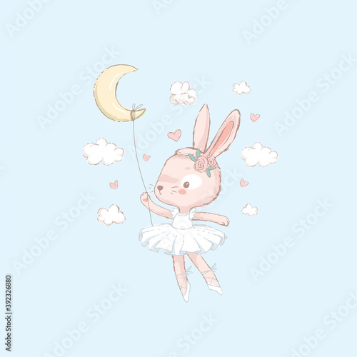 Sweet dancing ballerina bunny illustration. Dancilg little rabbit wearing blue tutu ans wreath. Can be used for t-shirt print, kids wear fashion design, baby shower invitation card