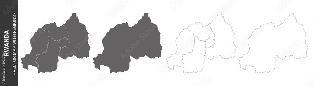 set of 4 political maps of Rwanda with regions isolated on white background