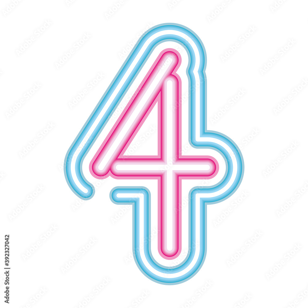 Fototapeta premium number 4 neon font pink and blue on white background