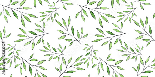 Seamless pattern with leaves on a branch. Watercolor illustration. Botanical decor for textiles, fabrics, packaging,postcards, and more.