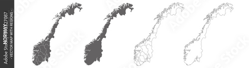 set of 4 political maps of Norway with regions isolated on white background